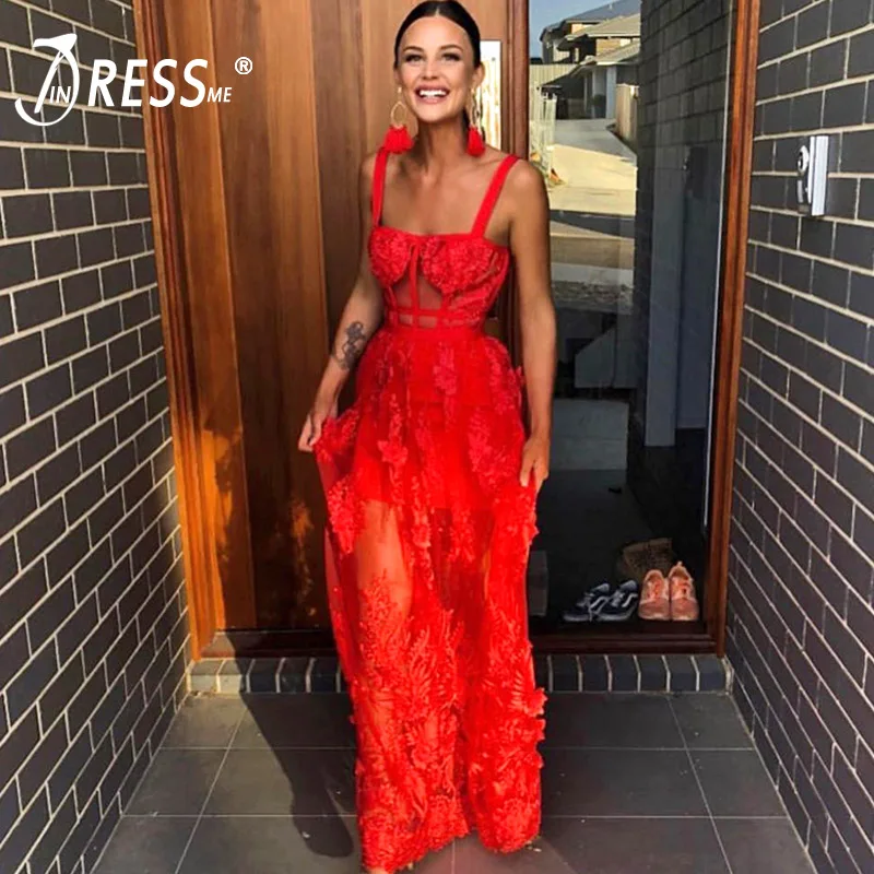 

INDRESSME Women Bandage Dress Sexy Solid Hollow Out Lace Straghetti Strap Backless Floor Length Party Dress Vestidos 2019 New