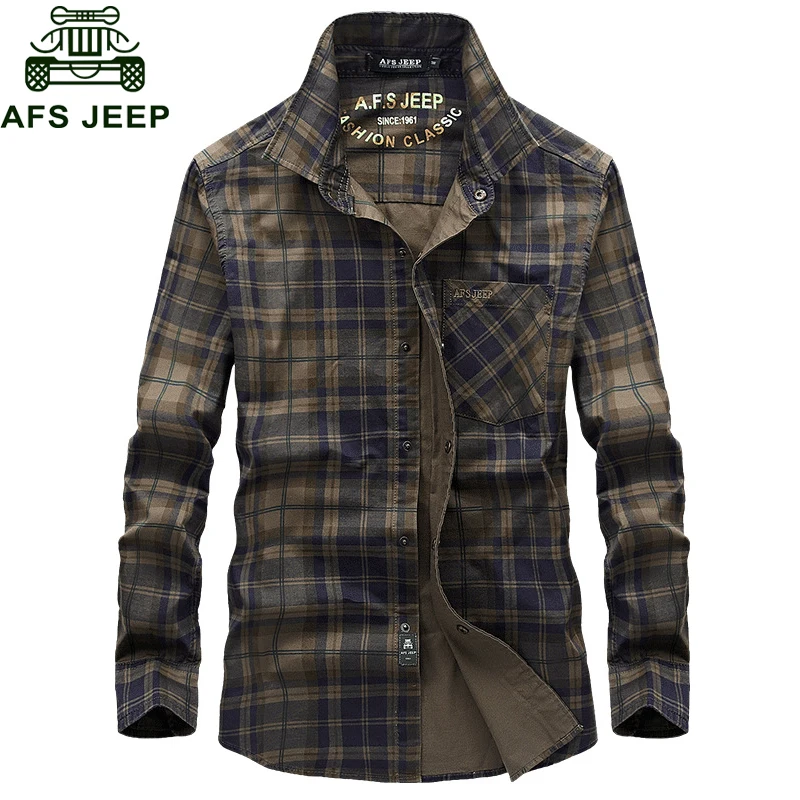 

AFS JEEP Brand Military Shirt Men Plaid Chemise Homme Cotton Casual Cargo Men Shirt long Sleeve Soft Breathable Camisa masculina