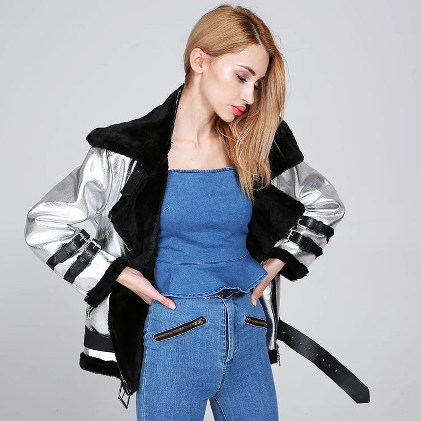 

Women winter leather jackets Faux fur warm coat Silver metal color bread ladies parka winterjas dames abrigos mujer invierno