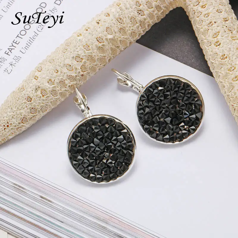 

SUTEYI Stylish Multicolor Rhinestone French Hook Earrings For Women Crystal Silver Plated New Round Earrings