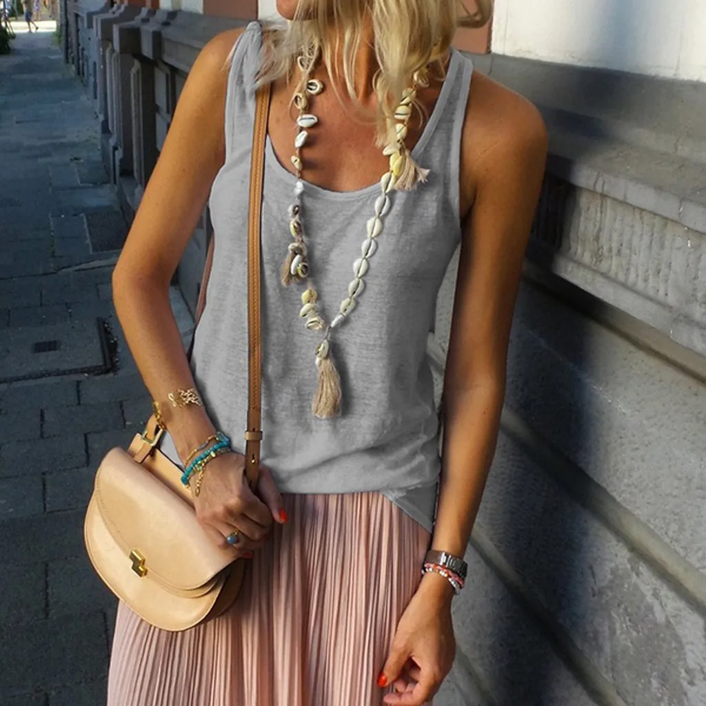 

Basic Style Sleeveless women tops 2019 summer U-neck summer top elegant Solid Color women's t-shirt vestidos de verano#P8