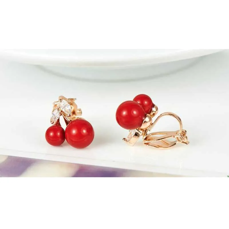 Korea Style Strawberry Shape Clip Earrings for Women Top Quality CZ Double Pearl No Pierced