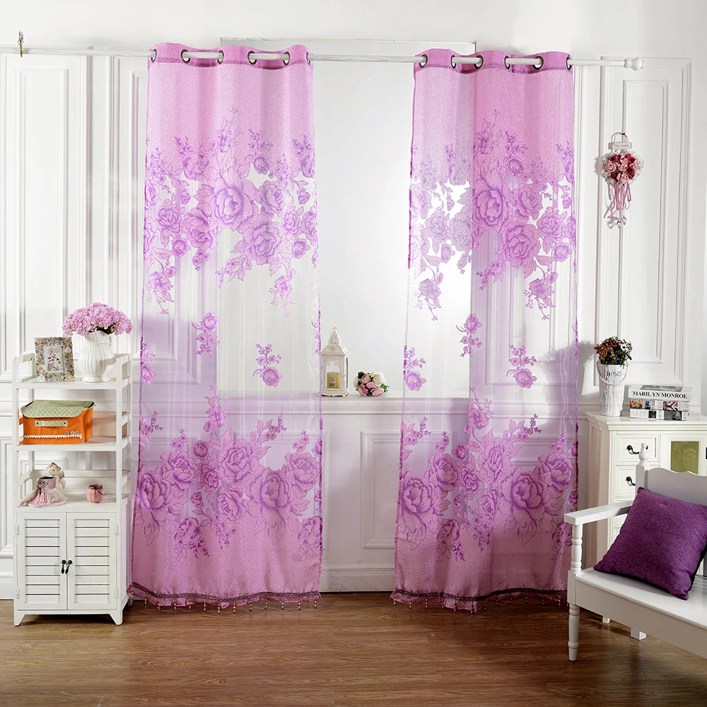 

2PCS Blooming Peony Voile Curtains Pure Sheer Window Screen For Modern Living Room Balcony Kitchen Curtains Tulle Purple Coffee