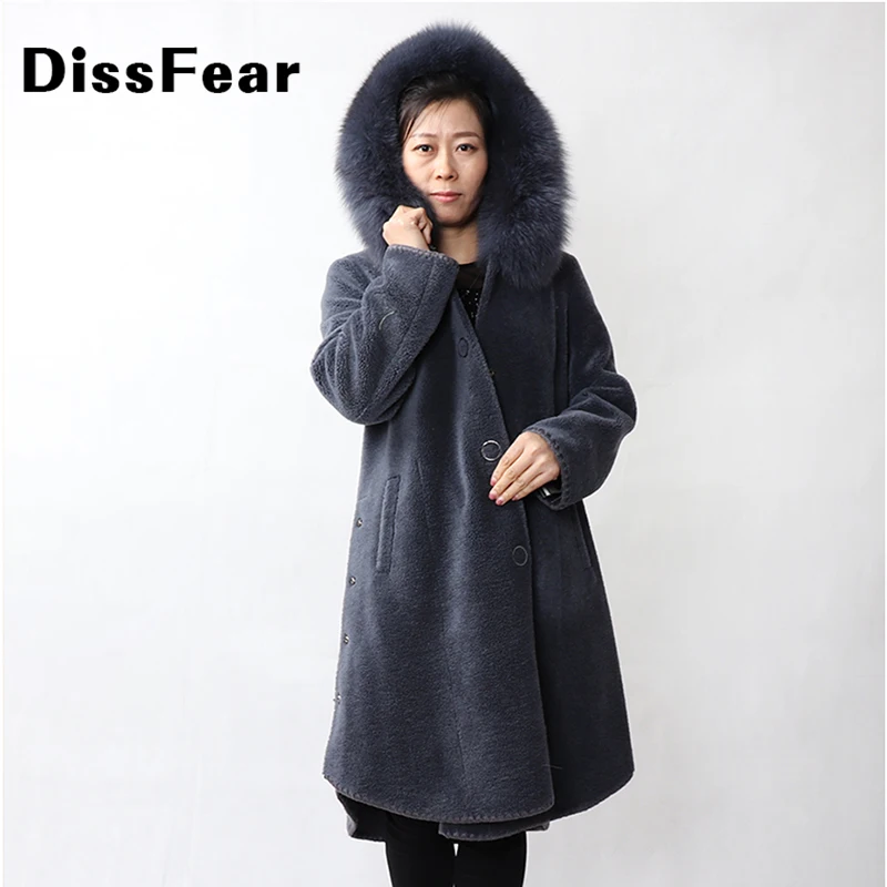 

2019 Winter Natural Sheep Shearing Fur Coat with a Fox Fur Hood 100% Real Wool Coats Female Women's Winter Sheep Fur Jacket