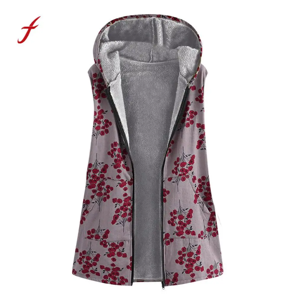 

Sexy Women's Vest Winter Warm Hoodie Outwear Coat Floral Print Plus velvet Hooded Oversize Jacket Women Coat Plus Size /PT