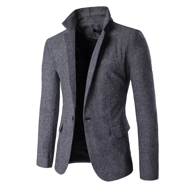 Серый шерстяной мужской бейзер пиджак на пуговицах, с разрезом, с отворотом, умный, официальный, брендовый костюм, Блейзер, мужской высококачественный, в елочку, мужской костюм - Цвет: Gray