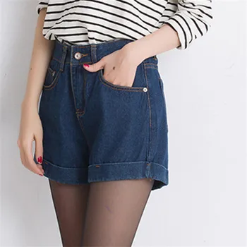 

CUHAKCI Denim Shorts Plus Size Female Short Stripe High Waist Denim Jeans for Women Blue Jeans Hot Summer Ladies Metal Buttons