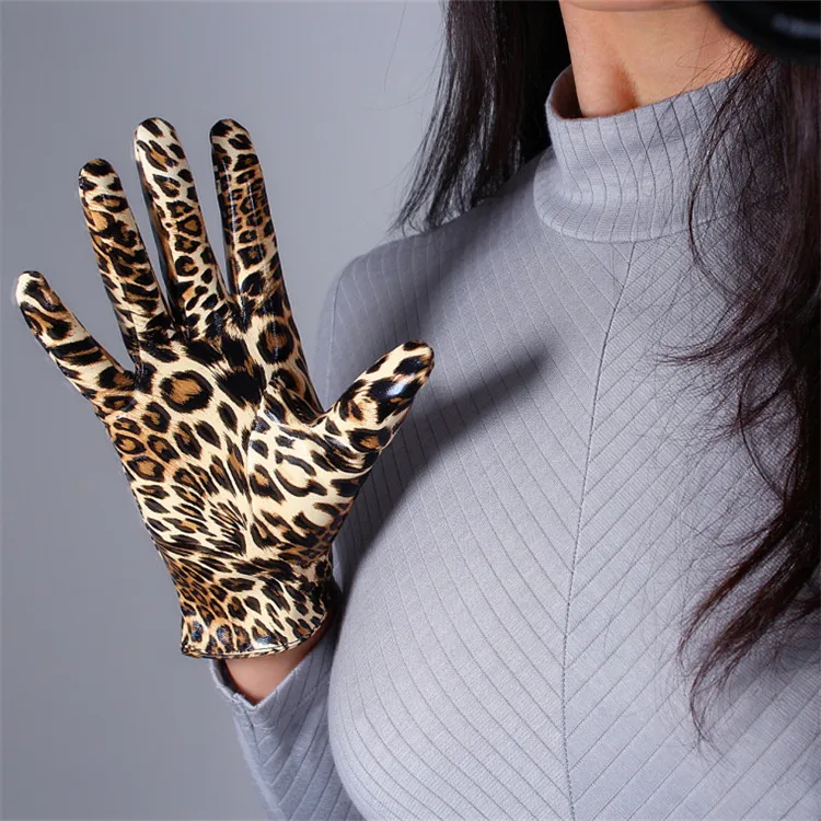 Леопардовые кожаные перчатки, 13 см, лакированная кожа, Ультра короткие, искусственная кожа, ярко-коричневые, леопардовые, животный узор, женские, WPU28