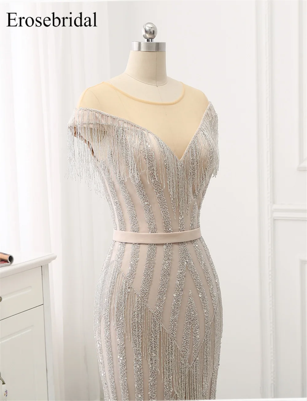2019 Evening Dress Long Erosebridal Luxury Beading Mermaid Evening Gowns Tassel Cap Sleeve Scoop Neck Vestido De Festa GLR-64 2019 Evening Dress Long Erosebridal Luxury Beading Mermaid Evening Gowns Tassel Cap Sleeve Scoop Neck Vestido De Festa GLR-64