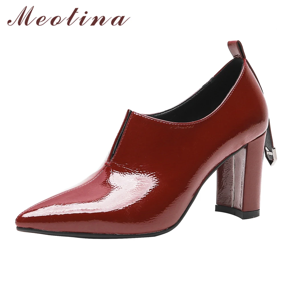 

Meotina Women Pumps High Heels Patent Leather Thick High Heels Shoes Pointed Toe Office Lady Shoes Spring Black Large Size 33-43