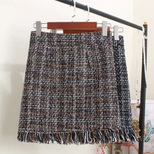 Осенне-зимняя одежда, новая шерстяная клетчатая юбка, Женская мини-юбка с кисточками, Боковая Сумка, юбка на бедрах, модная сексуальная юбка с высокой талией