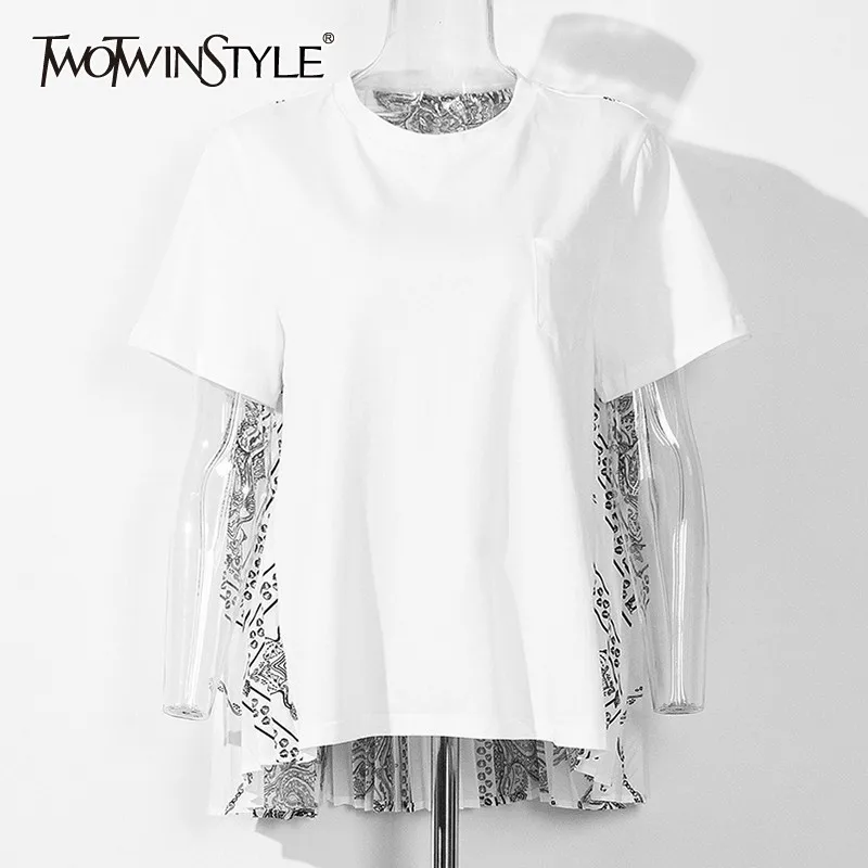 

TWOTWINSTYLE Casual Print Women T Shirt O Neck Short Sleeve Pleated Patchwork Big Size Tops Female Fashion 2019 Summer New