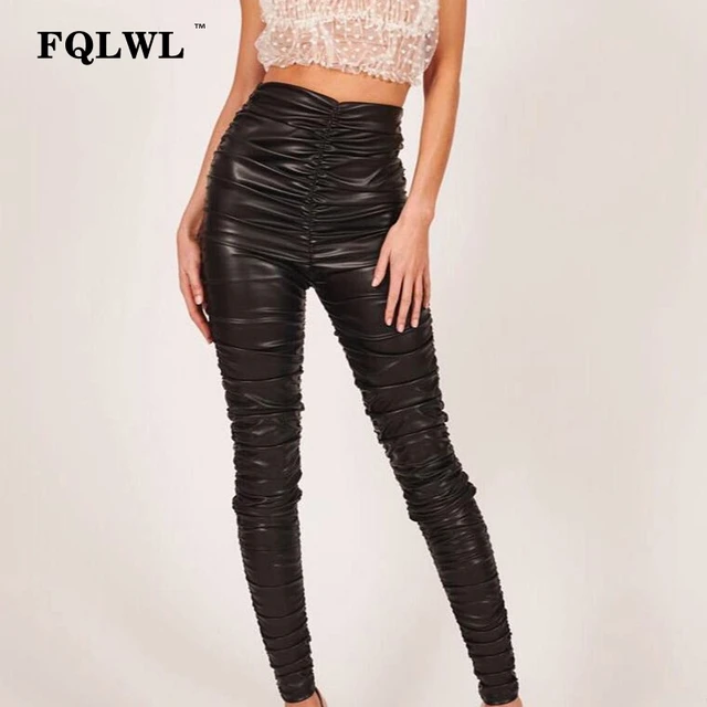 FQLWL Sexy Bodycon PU Leather Pants Women Autumn Black Long High Waist Pencil Pleated Pants Streeetwear Ladies Trousers Leggings 1