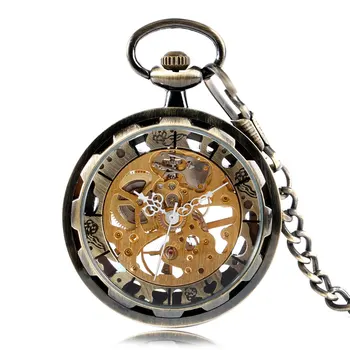 Vintage Bronze Skeleton Gear Gold Dial Luxury Mechanical Hand Wind Pocket Watch Analog Steampunk Fob Clock Gift vintage watch roman analog steampunk skeleton mechanical fob pocket watches clock pendant hand winding men women long chain gift