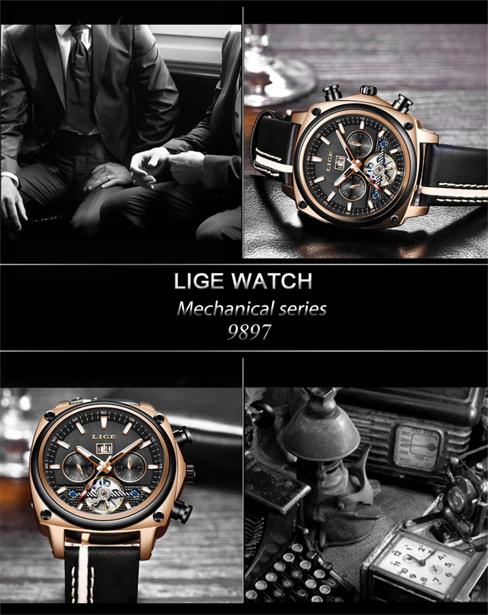 Механические часы LIGE лучший бренд класса люкс автоматические часы мужские кожаные водостойкие спортивные часы мужские деловые наручные