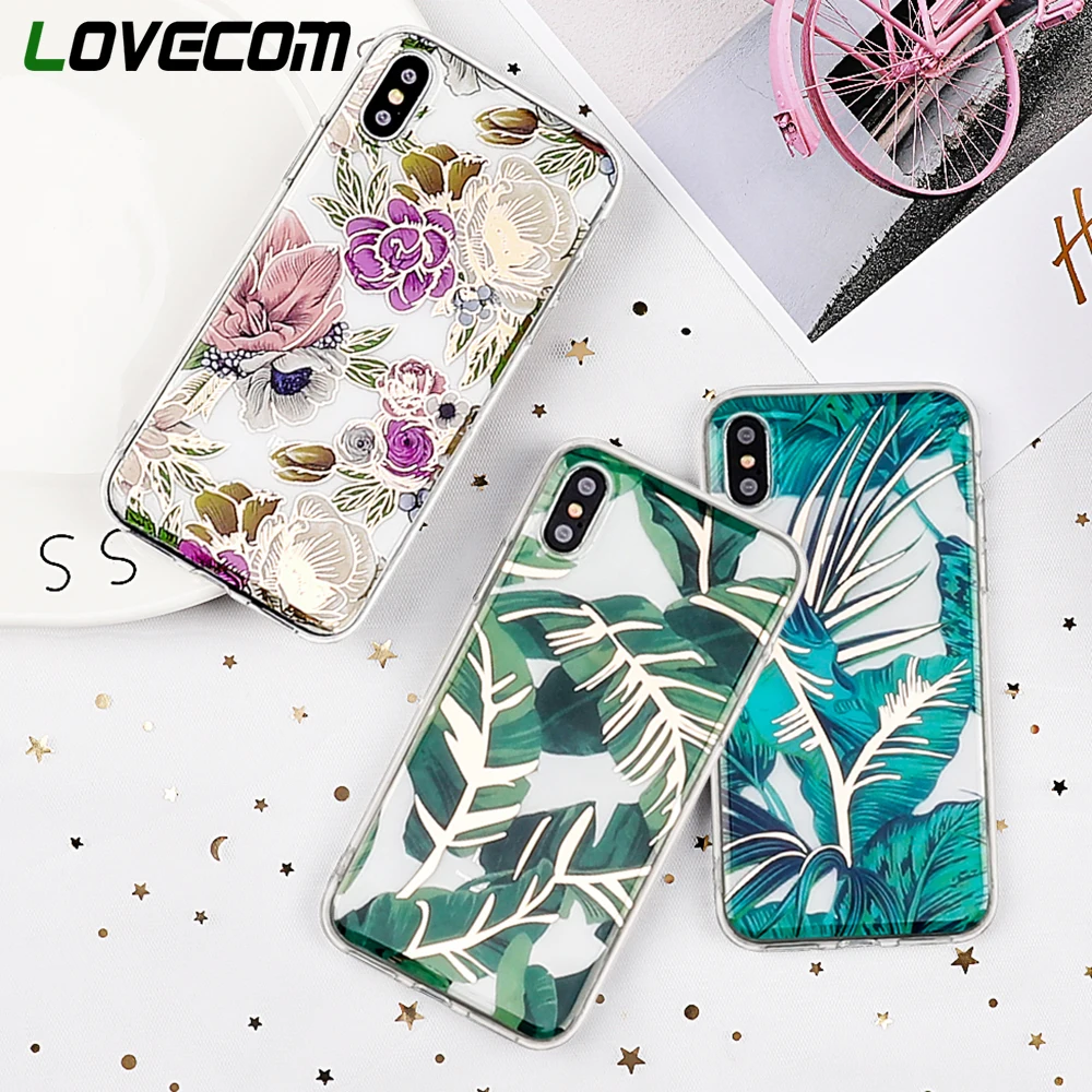 

LOVECOM Ultra-thin Electroplated Mirror Floral Transparent Silicone Soft Acrylic Phone Case For iPhone X 6 7 8 Plus XS MAX XR