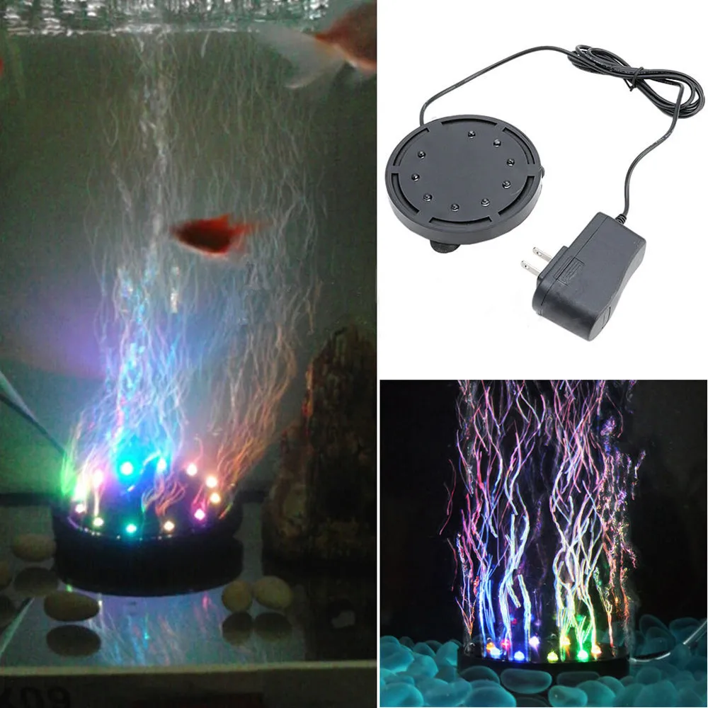

Unerwater Aquarium Fish Tank Air Curtain Bubble Stone Lamp Mini Colorful Round 9 LEDs Submersible Light Decor Accessories 1W