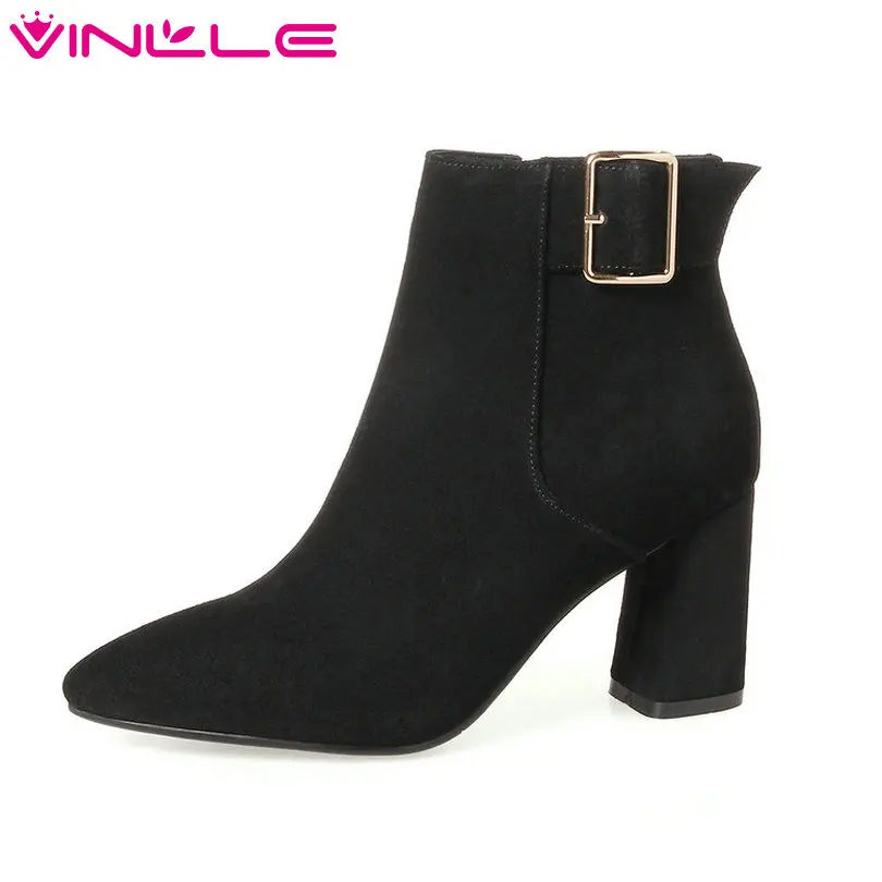 

VINLLE 2019 Women Boots All Match Cow Suede Platform Square High Heel Winter Boots Zipper Women Ankle Boots Big Size 34-39