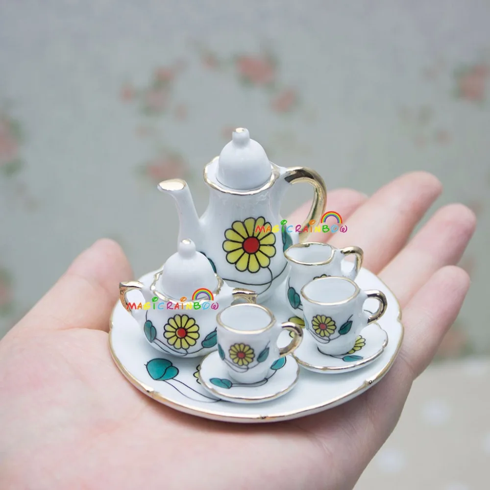 

Dollhouse Miniatures Kitchen Coffee Tea Set Porcelain Dish Plate Pot Cup Teapot with Yellow Flower Pattern 8pc
