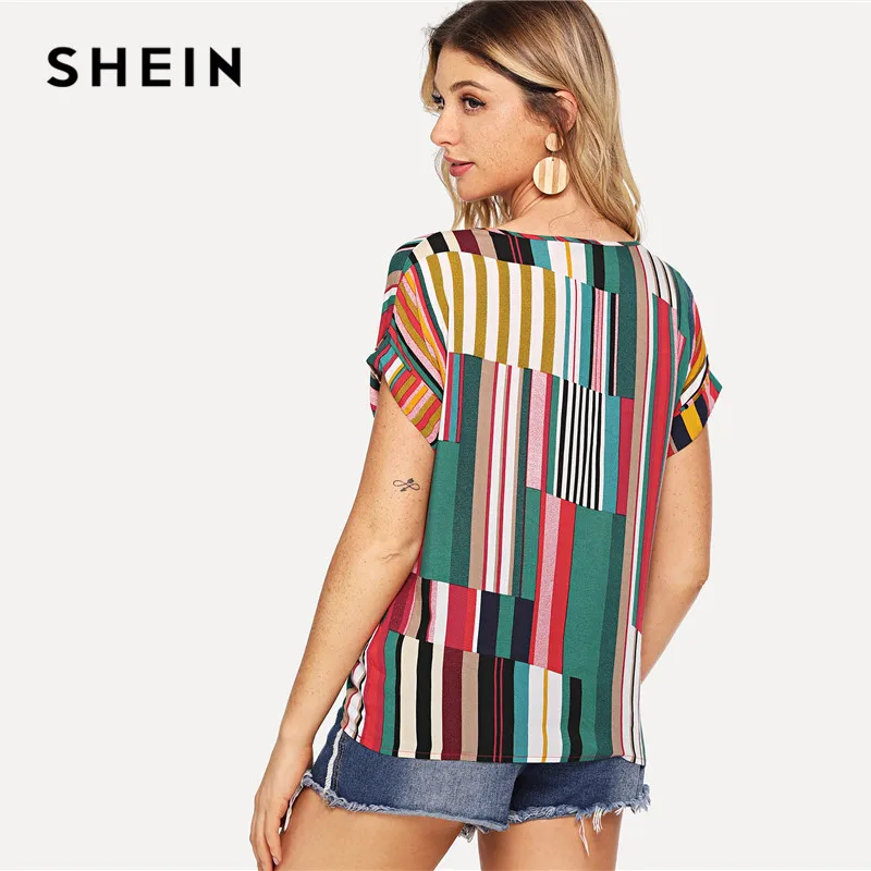 SHEIN متعدد الألوان مزيج مخطط طباعة طوى التي شيرت عارضة فضفاض سكوب الرقبة Colorblock T قميص المرأة الصيف قصيرة الأكمام قمم SHEIN متعدد الألوان مزيج مخطط طباعة طوى التي شيرت عارضة فضفاض سكوب الرقبة Colorblock T قميص المرأة الصيف قصيرة الأكمام قمم