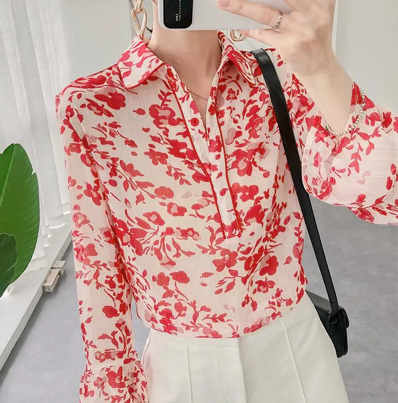 Women blouses Shirt Gold and Silver Henley neckline floral