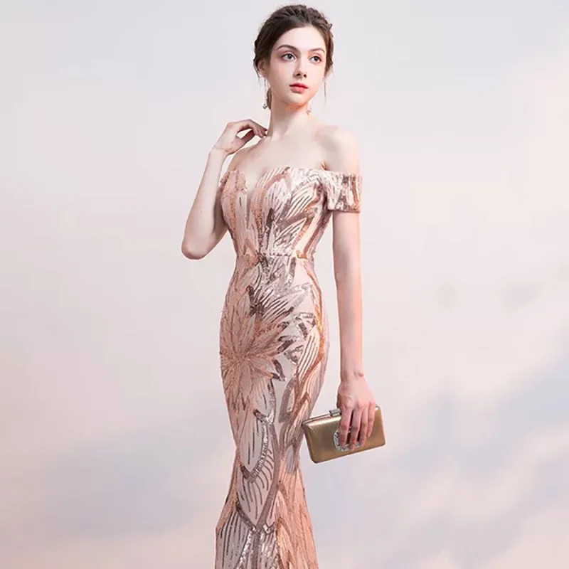 D043 rose gold off the shoulder sequined floor length bodycon long dress