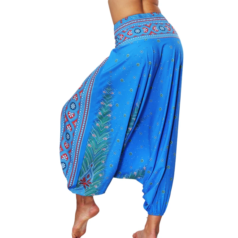One Size Women Thai Indian Harem Trousers Comfy Boho Pants Long Beach Summer Pants Casual Loose Low Cut Floral Trousers