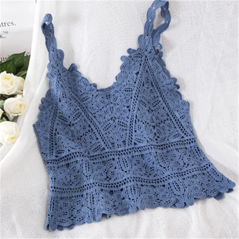 

Korean Style Women Strap Lace Tank Top Summer Autumn Sexy Slim Knitted Vest Hollow Out Tops Lady Sleeveless Short Shirts PZ1438