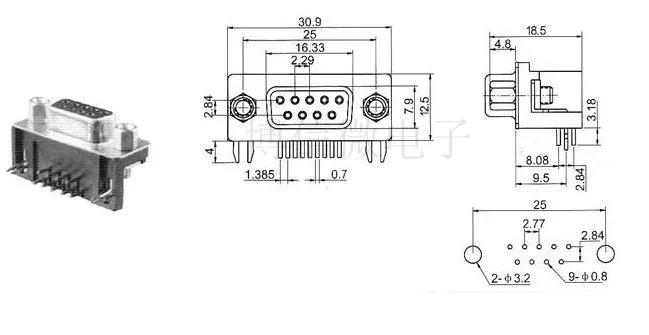 5 шт./лот DR-9S 3 ряда синий параллельный порт 9 Pin D Sub Женский 9 способ PCB 90 градусов разъем SR232 разъем VGA адаптер