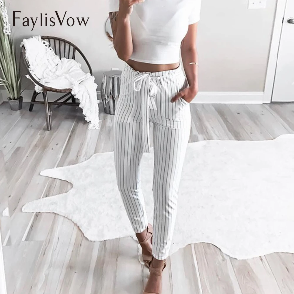 Buy Women's High Waist Tie Up Pant Striped Stretchy