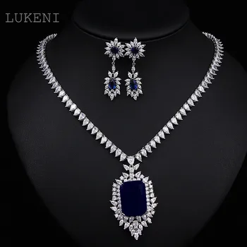 

Luxury Jewelry White ZC + AAA Cubicn Dark Blue CZ Pendants Necklace and Dorp Earrings Wedding Jewelry Set