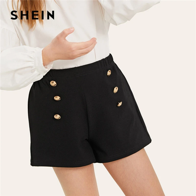 SHEIN Kiddie Black Double Breasted Elastic Waist Pocket Patched Shorts For Girls 2019 Summer Korean Fashion Kids Short Pants SHEIN Kiddie Black Double Breasted Elastic Waist Pocket Patched Shorts For Girls 2019 Summer Korean Fashion Kids Short Pants