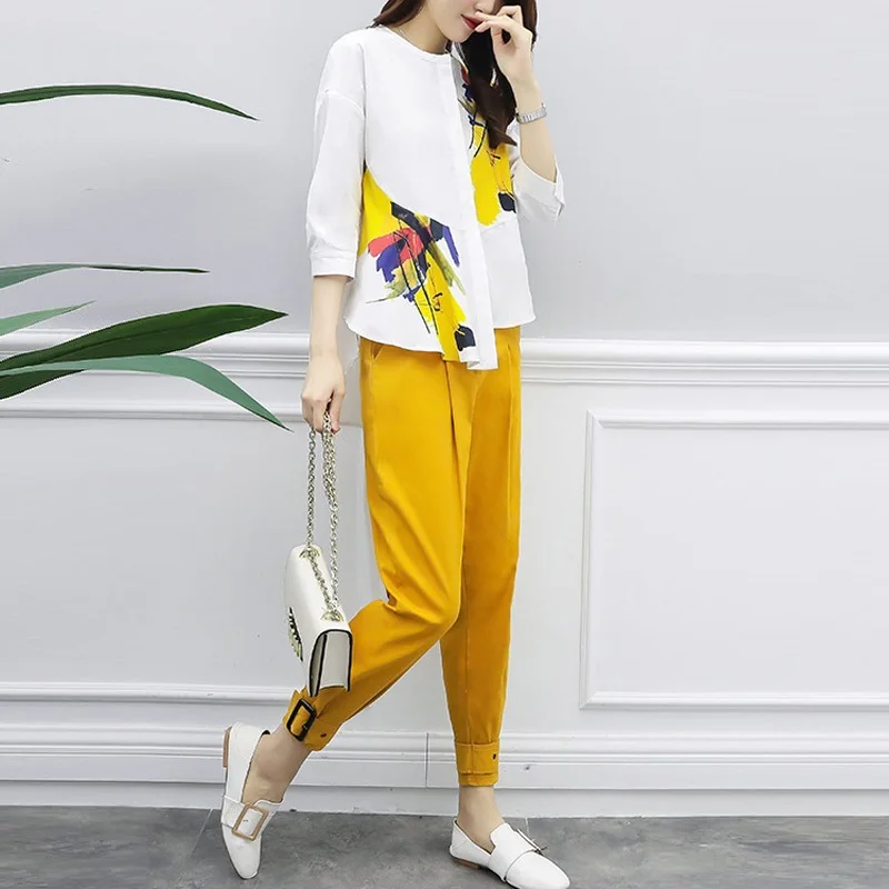 

Plus Size 3XL Women Sets 2019 New Summer Fashion Elegant Yellow Pant Suit Casual 2 Piece Set Women Loose Blouse pencil Pants