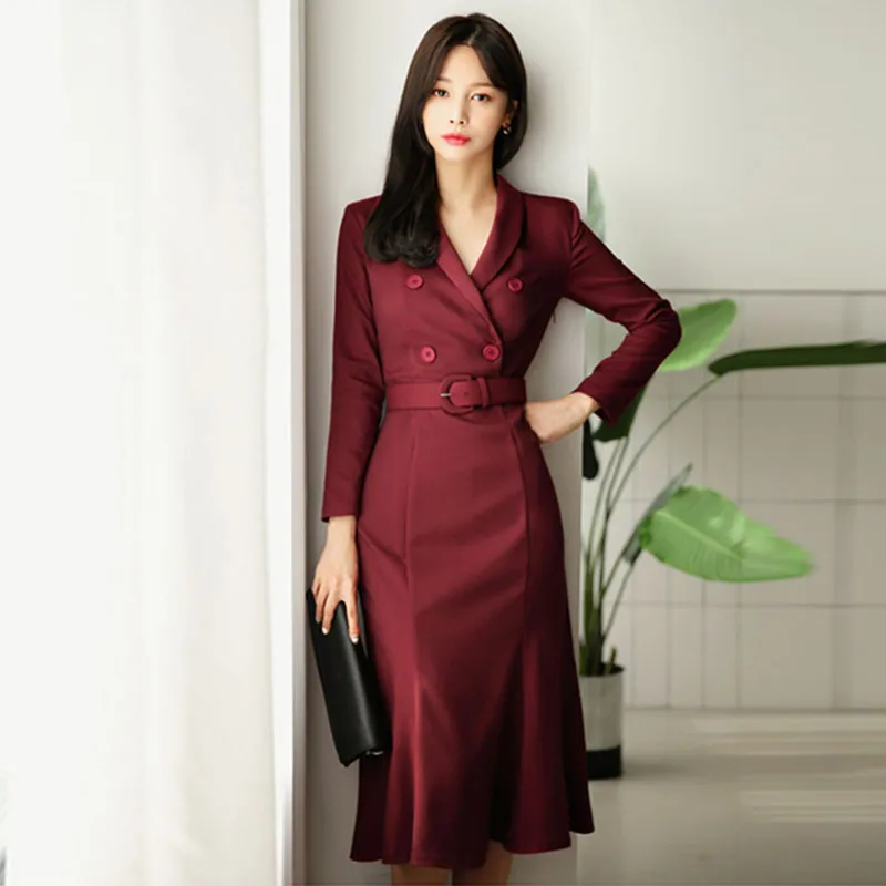 OL стильное красное женское платье Элегантное двубортное с поясом женское платье с v-образным вырезом средней длины одежда для бизнеса платье