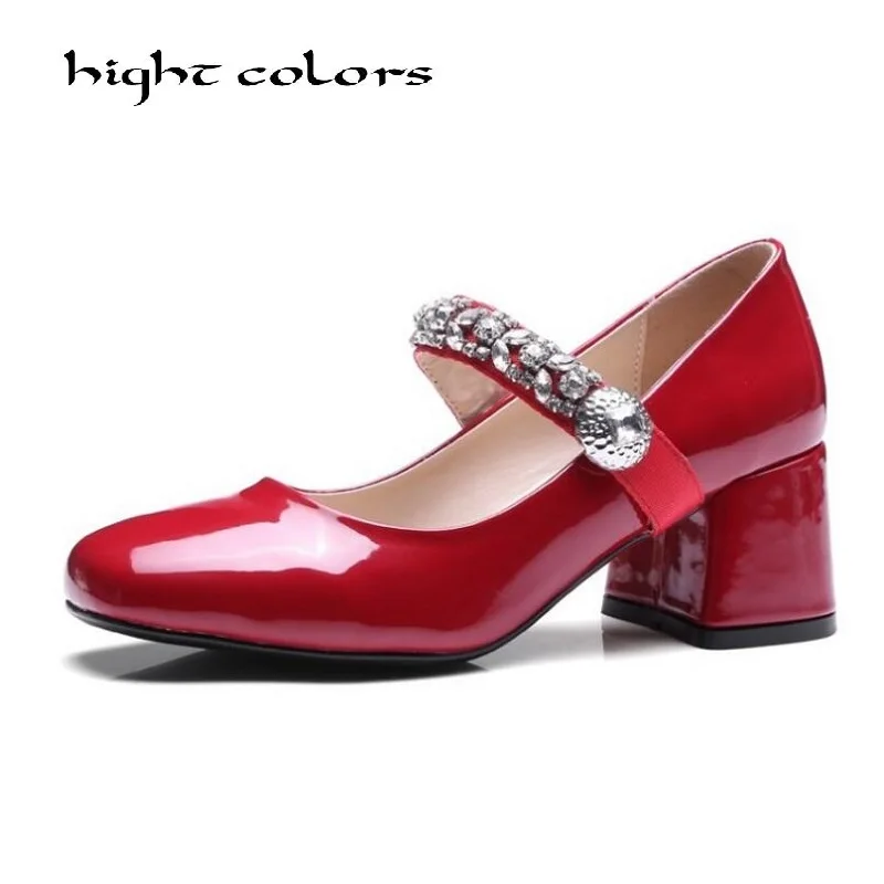 

New Women's Lolita Rhinestone High Heels Pumps Sexy Bride Party Round Toe Leather Thick High Heel Shoes for Women black red