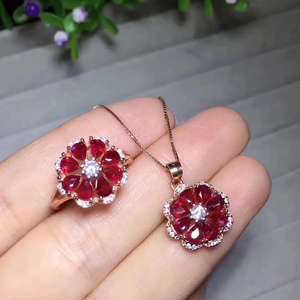 Верность естественно 3*4 мм ruby S925 серебро Цветы Благородный Fine Jewelry наборы для женщин натуральный красный драгоценный камень подвески кольца
