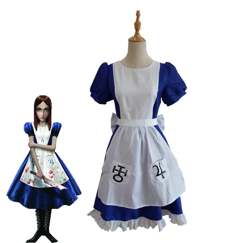 

Game Alice Madness Returns Cosplay Costume Halloween Carnival Uniforms Blue Maid Dress Restaurant Servant Outfit Custom Made