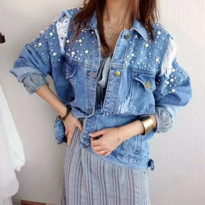 

Pearls Spots Denim Jackets Women Casual Turn-down Collar Loose Jean Coats Ladies Fashion Beading Denim Jackets Spring Autumn New