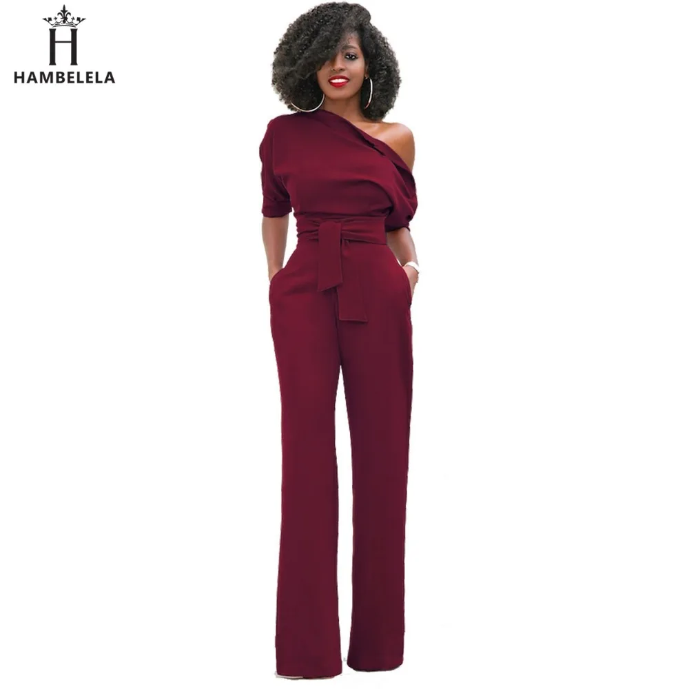 Hambelela 2017 High Quality Autumn Casual Jumpsuit One Shoulder Slash Neck Button Full Length Jumpsuit Short Sleeve Wide Legs Jumpsuit (4)