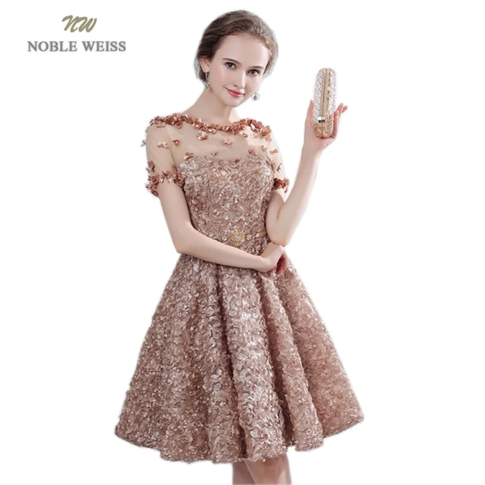 

NOBLE WEISS A-Line Prom Dresses O-Neck Flower Robe De Soiree Knee-Length Sexy Prom Dress With Short Sleeves
