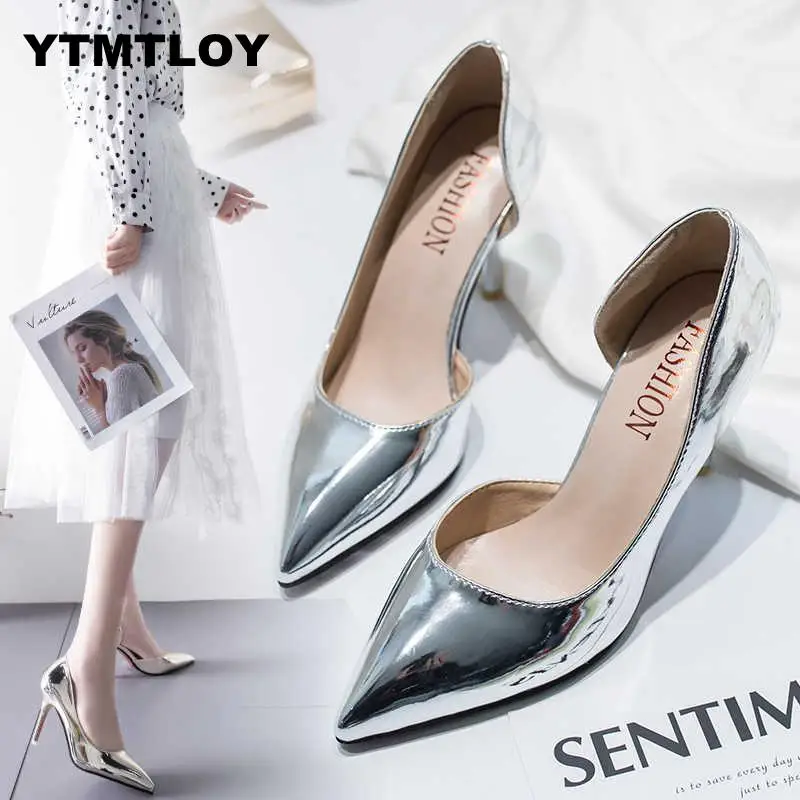 Women Pumps Mid Heel Pump Ladies Pointed Toe Casual Shoes Sandals High Heels Wedding Sexy Pumps Gold silver Zapatos Mujer 8cm A8