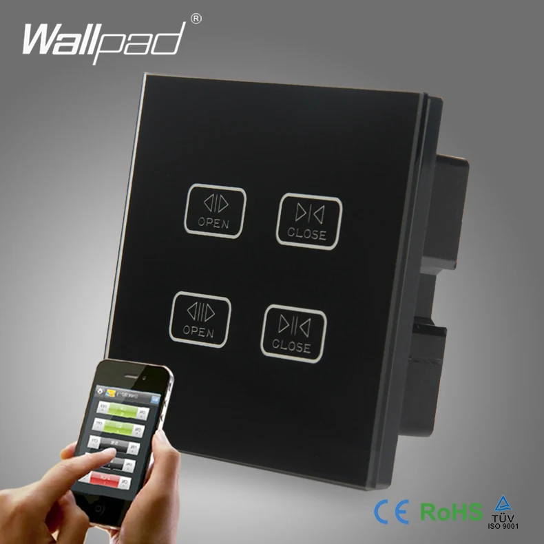 ФОТО Hot Sale 4 Gang WIIFI Curtain Switch Wallpad Black Glass 4 Gang WIF Remote Controlled Touch Double Shutter Blinder Wall Switches