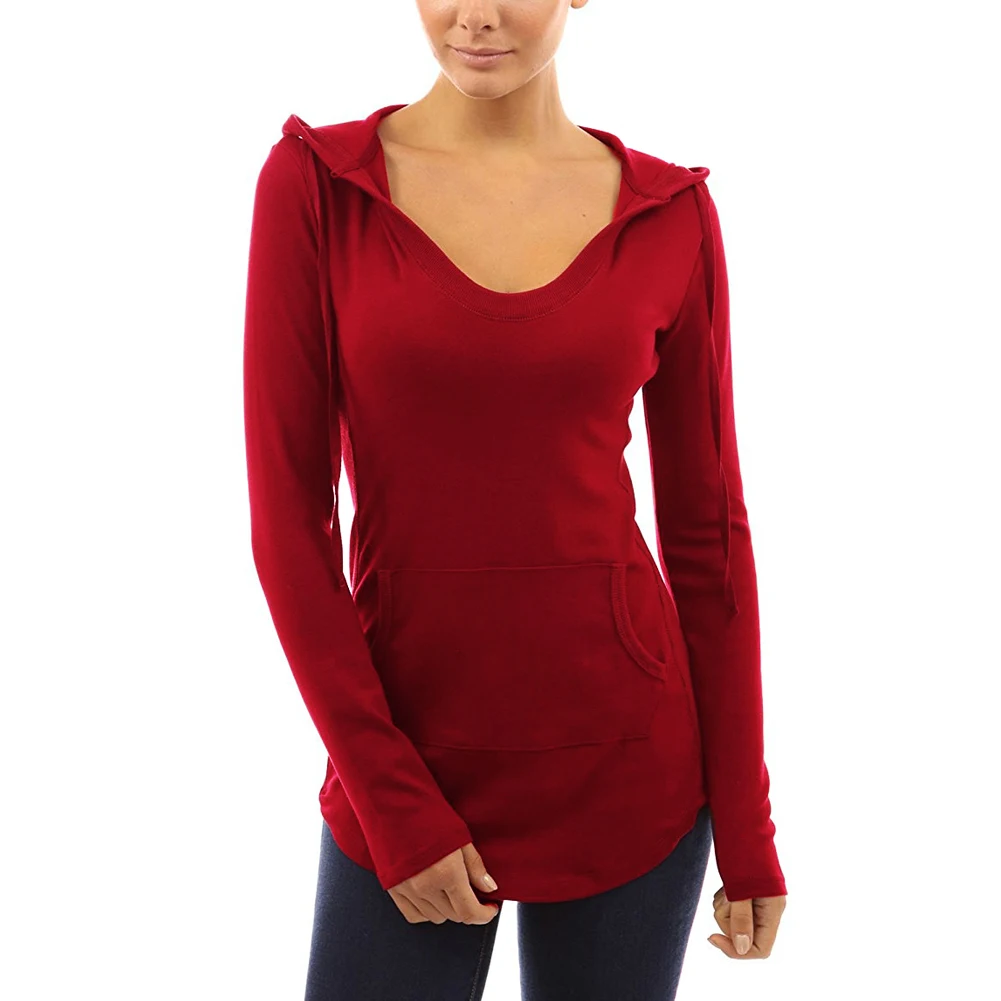 Anself Casual Female T-shirt 5XL Plus Size T-shirts for Women Drawstring Pocket Hoody T Shirt Long Sleeve Tee Shirt Femme Tops