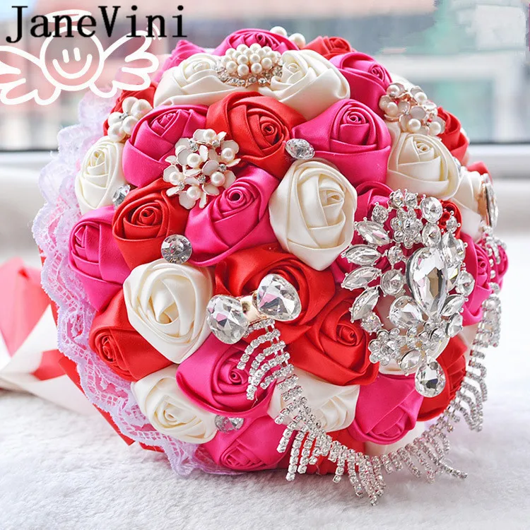 JaneVini с блестящими бусинами свадебные букеты с кристаллами фиолетовый Розовая атласная букет невесты Стразы Флорес Boda 2019