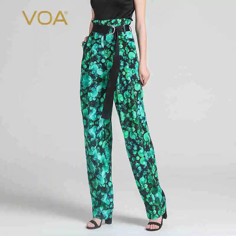 VOA Green Print Silk Harem Pants High Waist Bohemian Women Pants Plus