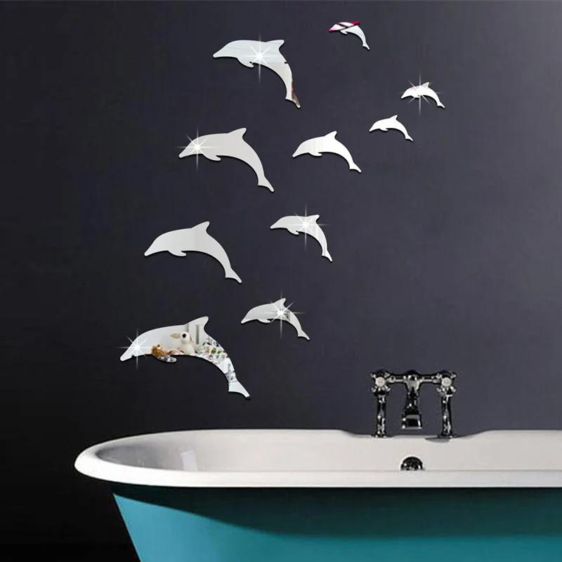 

3D Wall Stickers Creative Green Tasteless Background Dolphin Mirror Wall Decal Home Living Room Bedroom Decorative Wall Stickers
