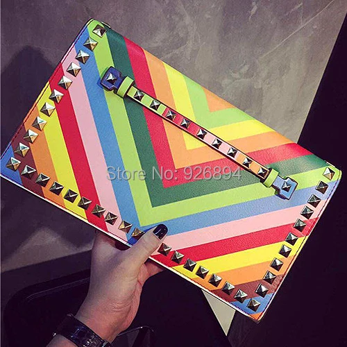 2016 HOT brand rainbow striped candy color fashion rivet chain clutch evening bag casual shoulder bag