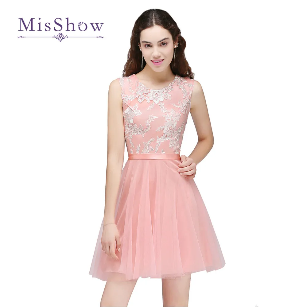 

MisShow Real Image Pink Lace Appliques Mini Dresses 2019 Cheap Sleeveless Short 8th Grade Party Dresses