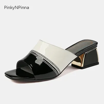 

Luxury top quality women mules genuine patent leather metallic chunky heels black white mixed slides office dress ladies shoes