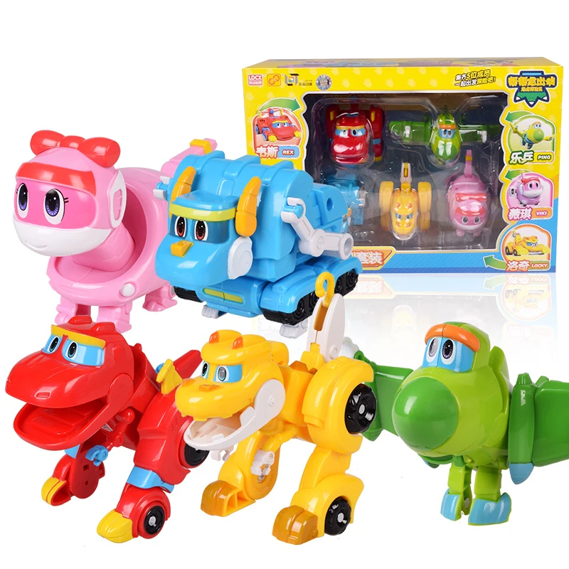 5pcs/set ABS Min Deformation Gogo Dino Action Figures REX Transformation Car Airplane Motorboat Crane Dinosaur toys For Kids action figure
